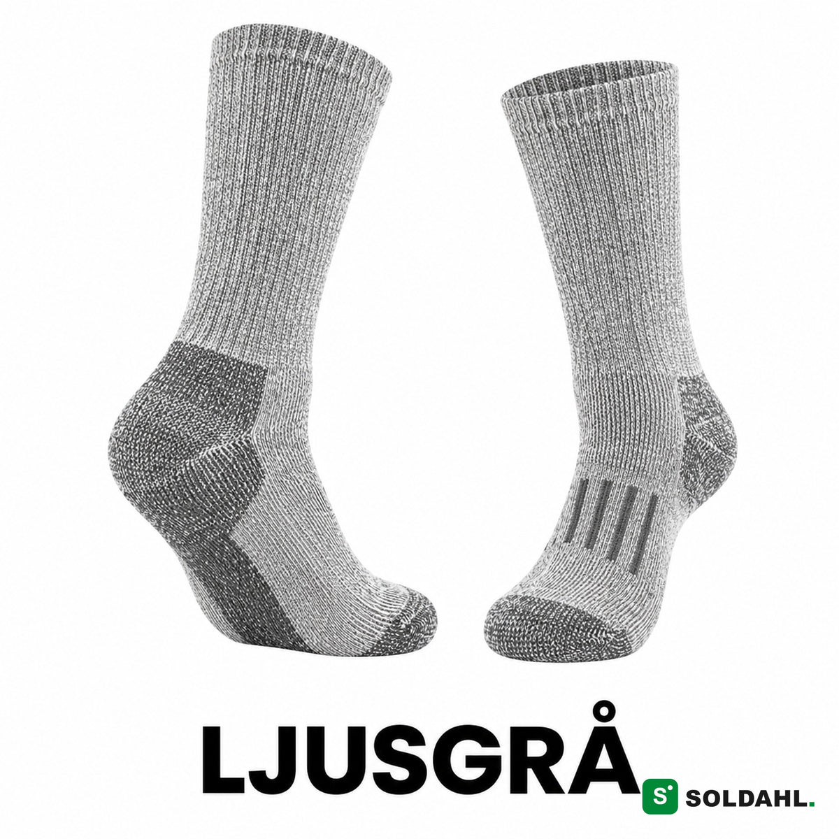 Arbetsstrumpa i färgen ljusgrå melange, sedd från sidan och bakifrån