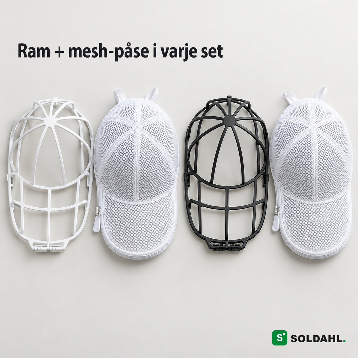 Vad som ingår: vit och svart ram med varsin vit mesh-påse, ovanifrån