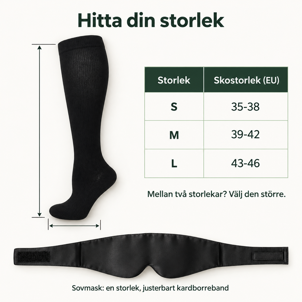 Storleksguide för stödstrumporna S, M och L efter skostorlek