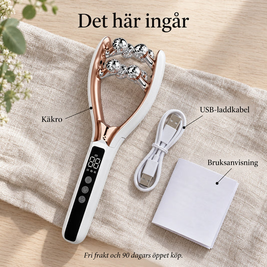 Käkro ansiktsroller med USB-laddkabel och bruksanvisning på linnetyg