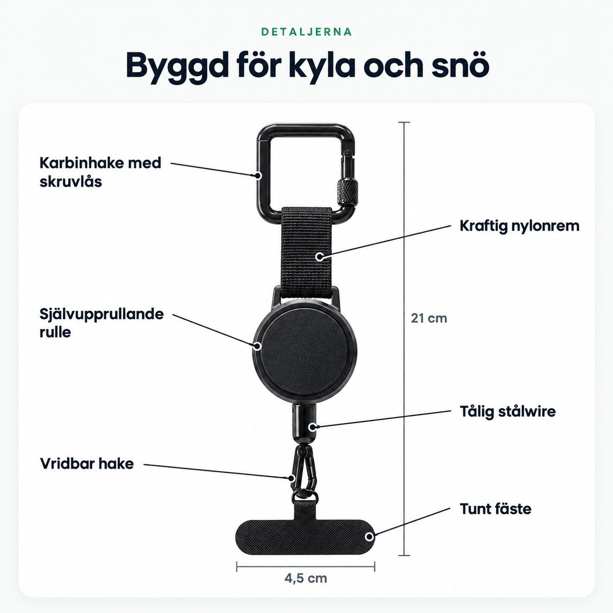 Detaljer och mått, karbinhake, nylonrem, rulle, stålwire, vridbar hake, fäste 4,5 cm, 21 cm