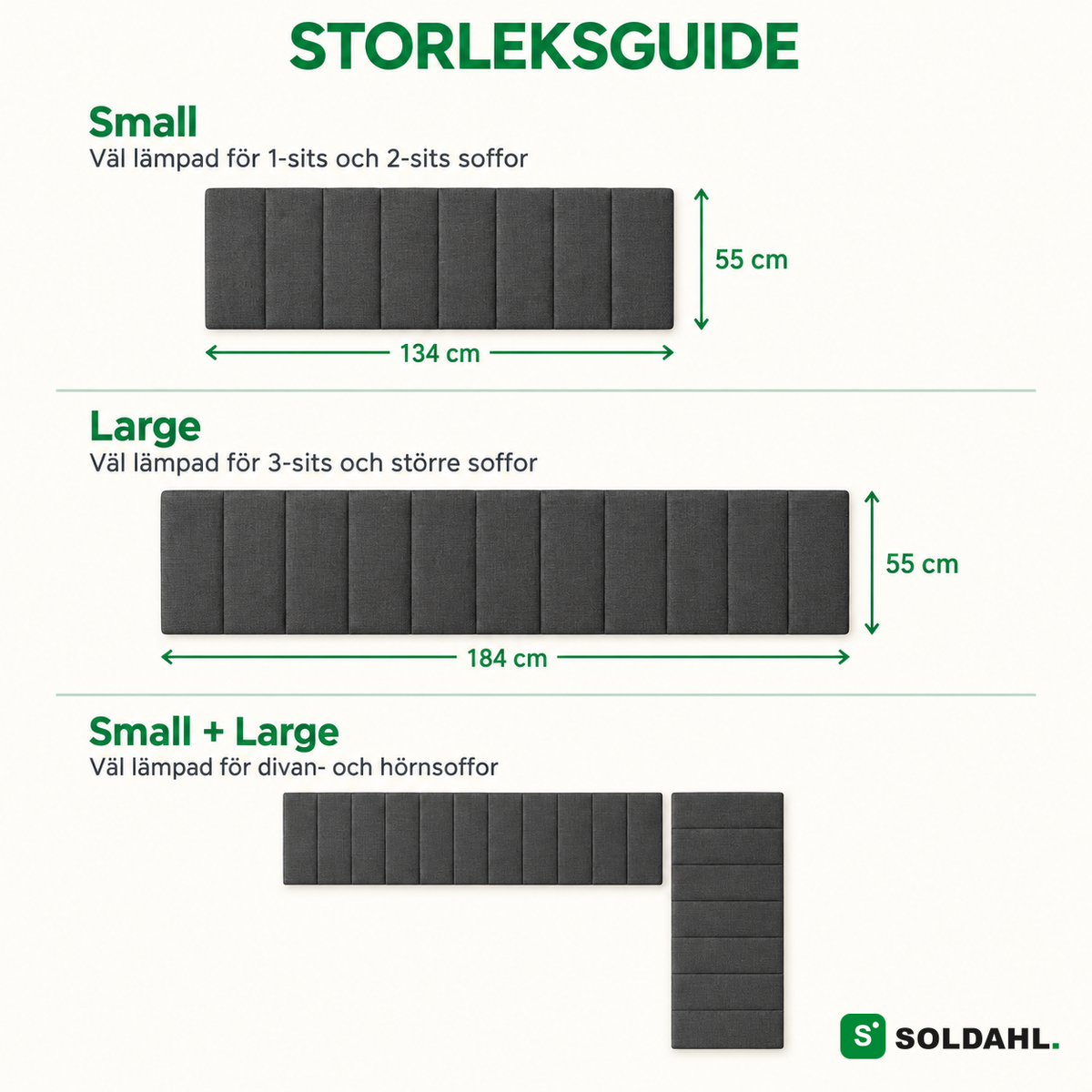 Storleksguide för Soldahl Stadga: Small, Large och Small + Large