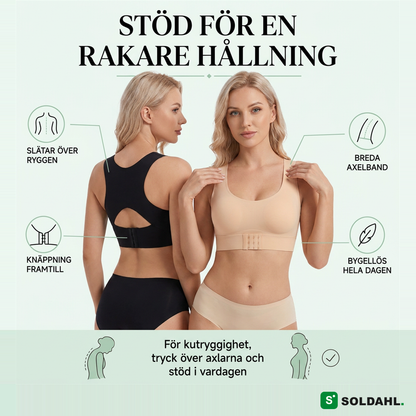 Soldahl Comfora bygellös stöd-BH: korsad rygg, knäpps framtill, sömlösa kupor