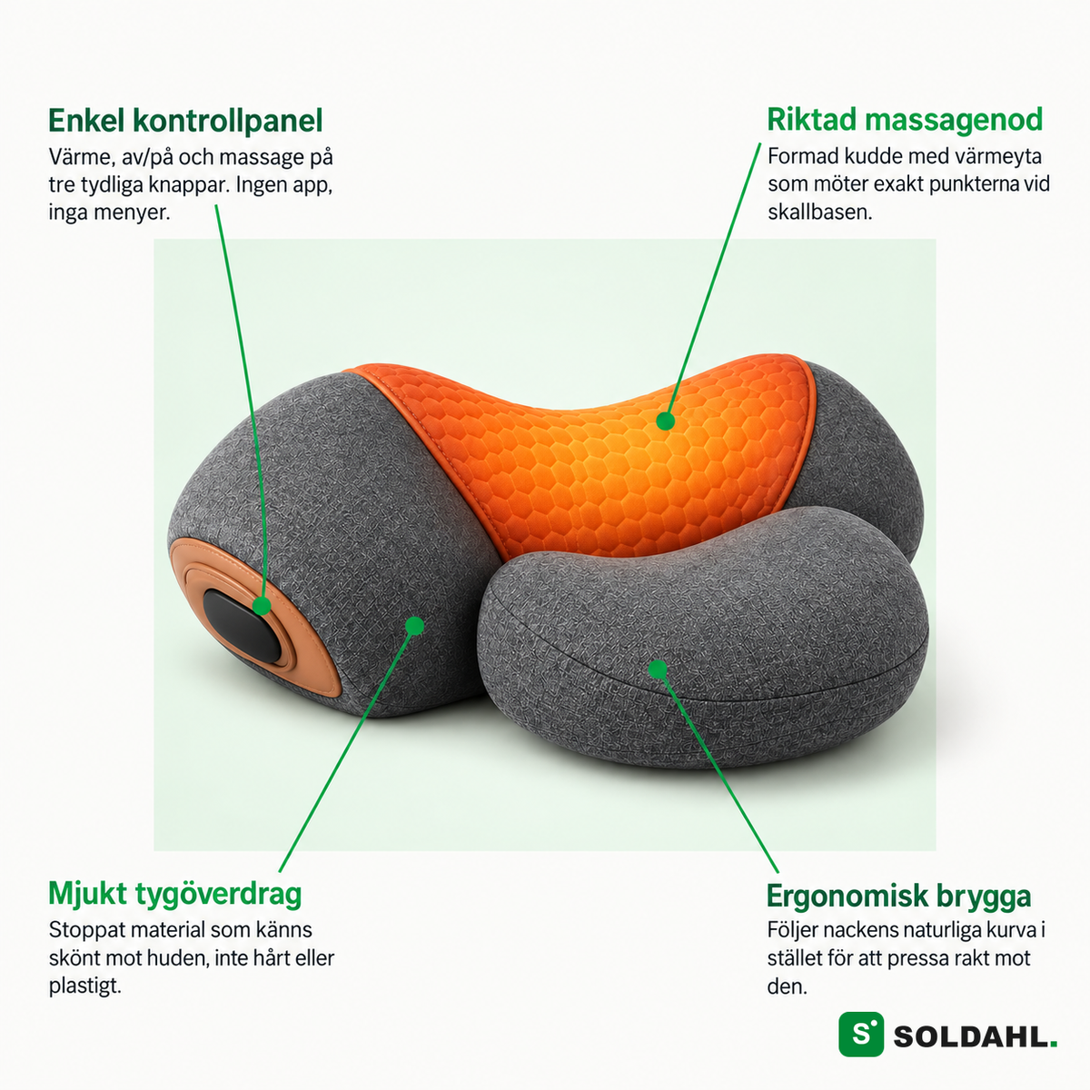 Soldahl® Nackvila funktioner: kontrollpanel, massagenod, tygöverdrag, ergonomisk brygga