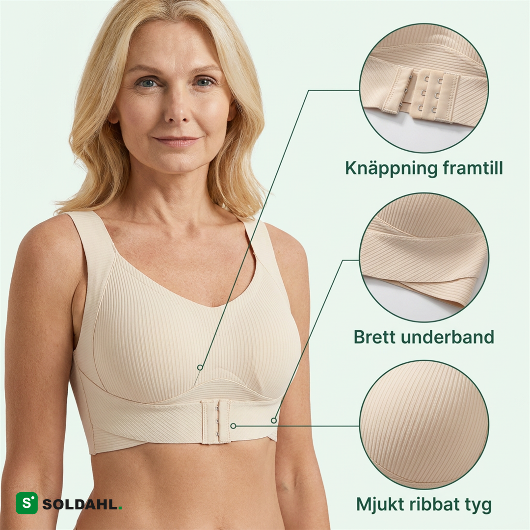Comfora detaljer: framknäppning, brett underband, ribbat tyg