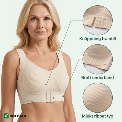Comfora detaljer: framknäppning, brett underband, ribbat tyg