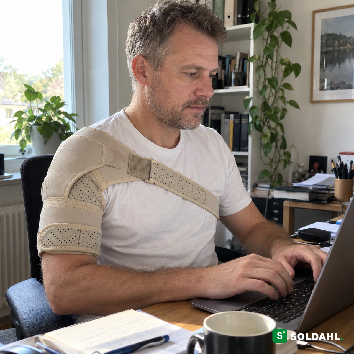 Man med Soldahl Axello axelstod vid laptop