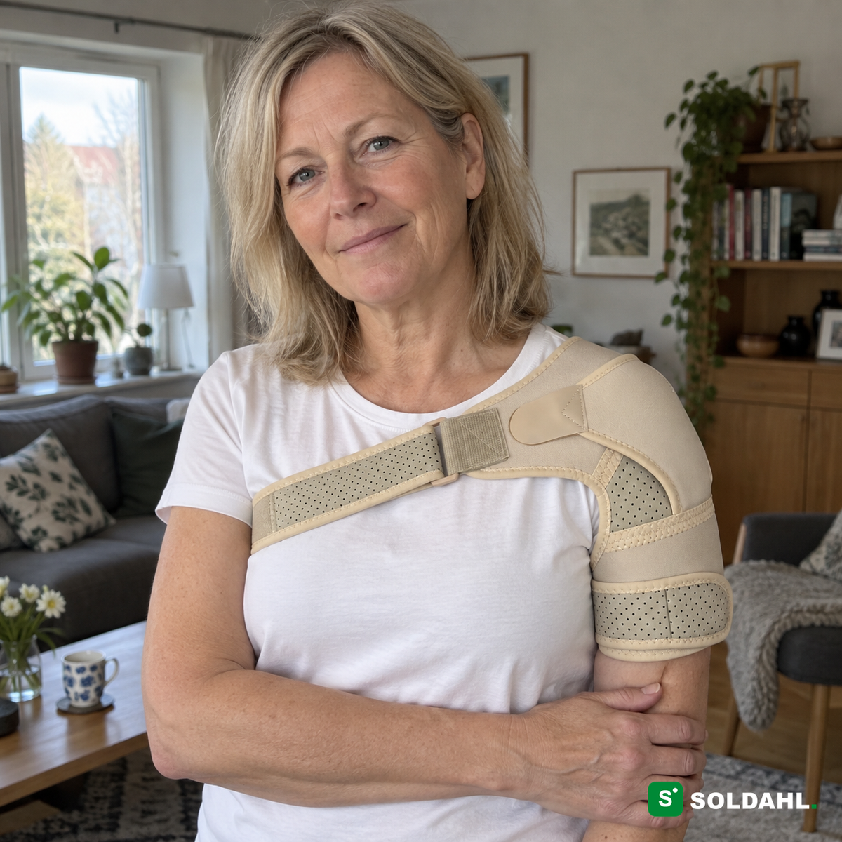 Kvinna bar Soldahl Axello axelstod hemma