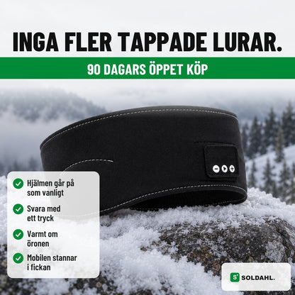 Soldahl Bluetooth-pannband på snötäckt sten: inga fler tappade lurar, 90 dagars öppet köp
