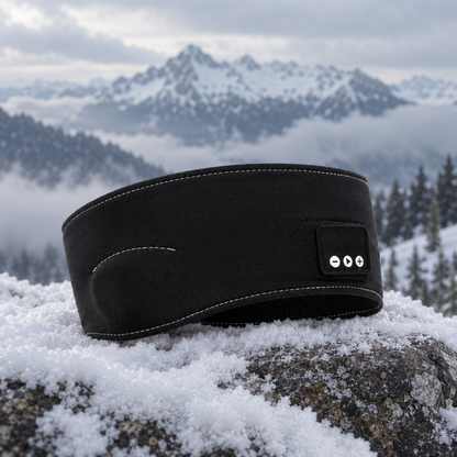 Svart Bluetooth-pannband på en snötäckt sten i fjällen