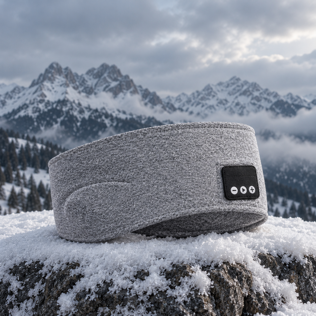 Grått Bluetooth-pannband på en snötäckt sten i fjällen