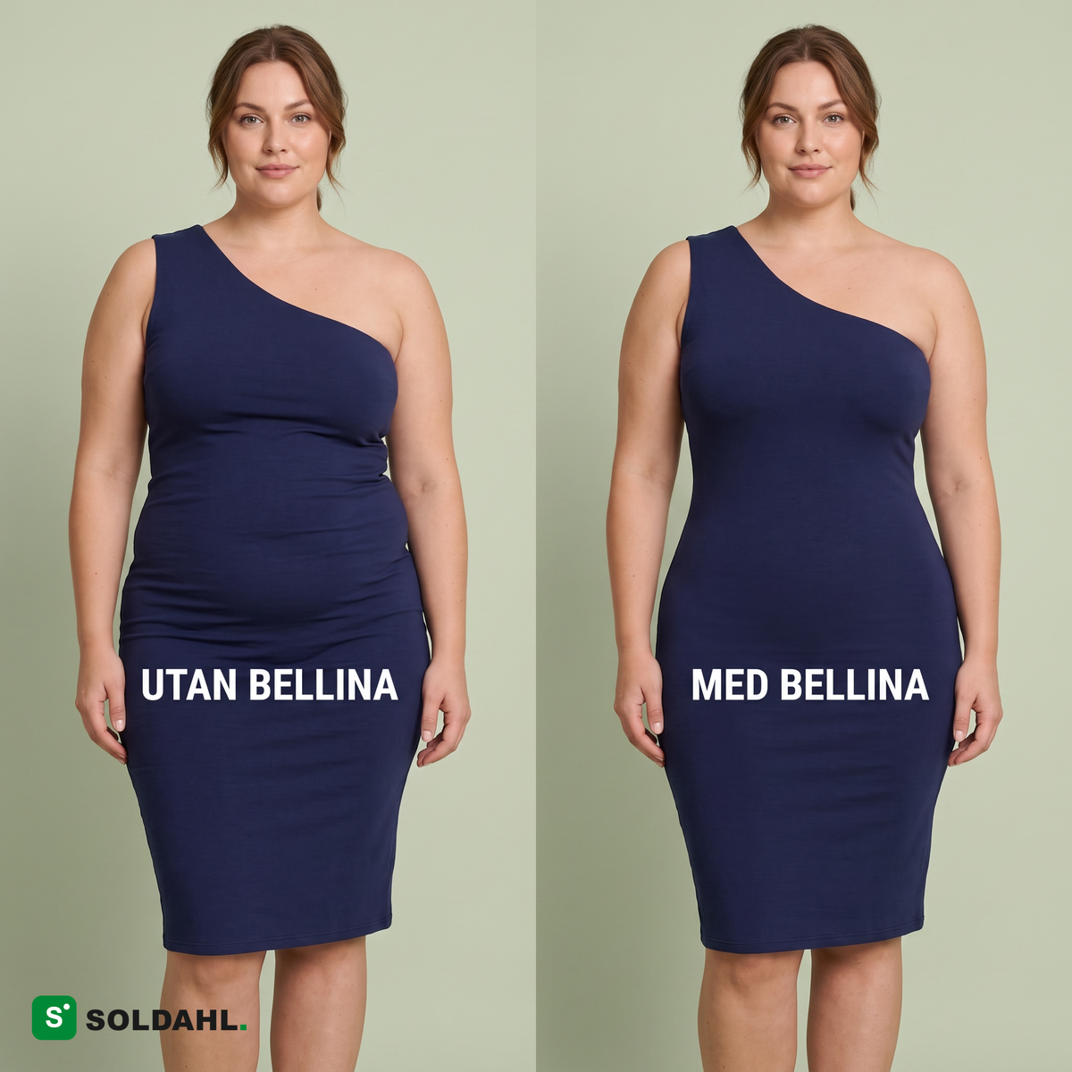Samma marinblå klänning utan och med Bellina, jämnare linje över magen