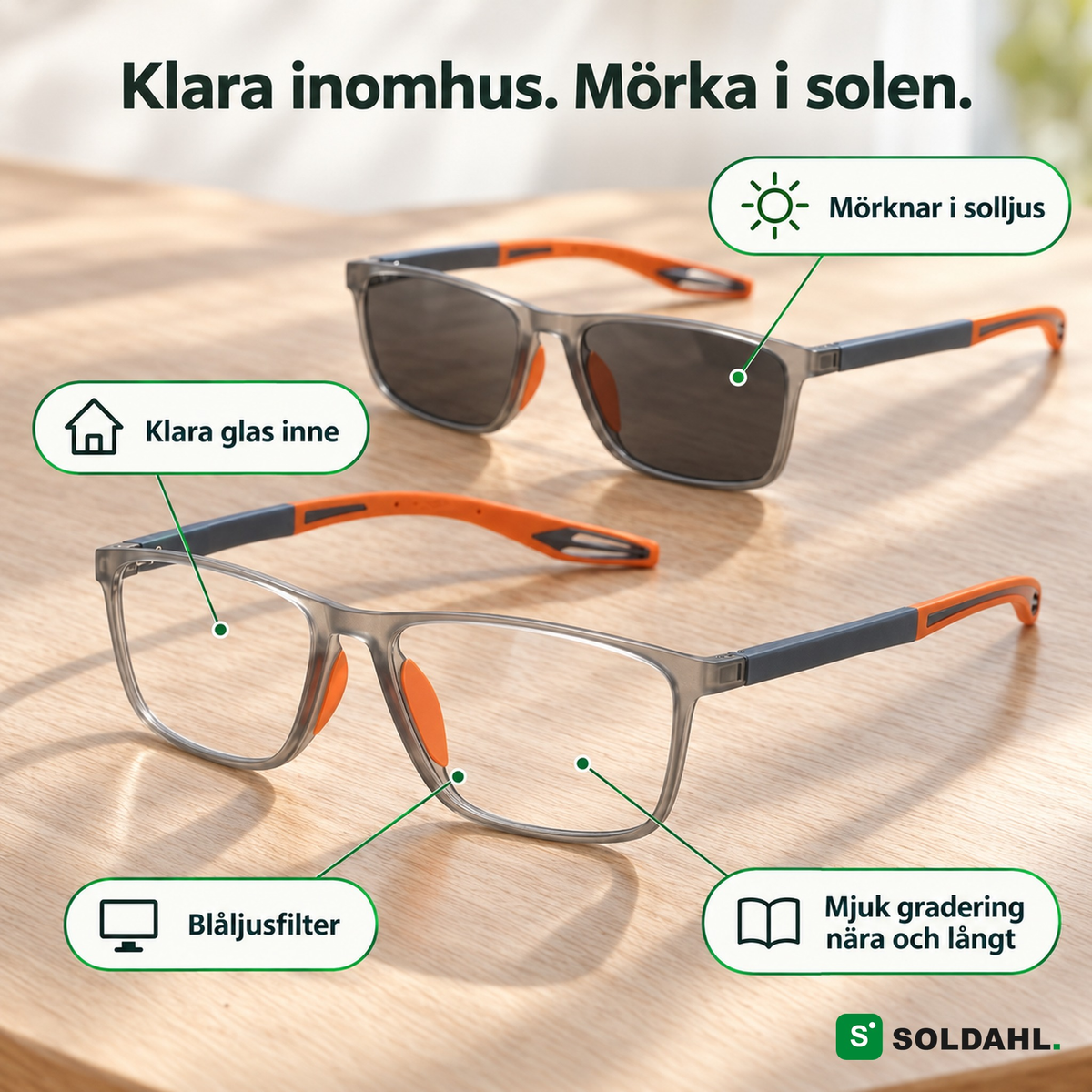 Bytfri multifokala läsglasögon, klara inomhus och mörka i solen