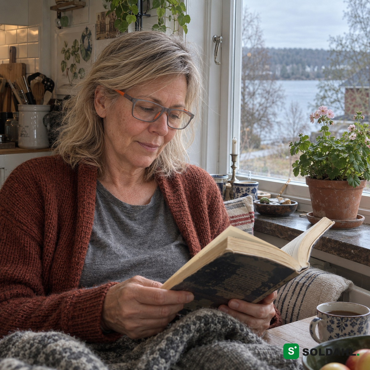 Kvinna som läser en pocketbok med Bytfri läsglasögon i köksfönstret
