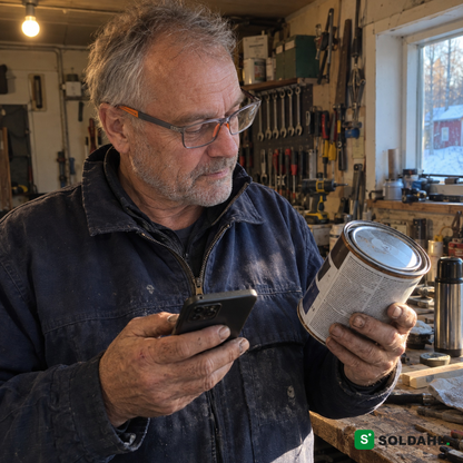 Man som läser burketikett och mobil med Bytfri läsglasögon i garaget