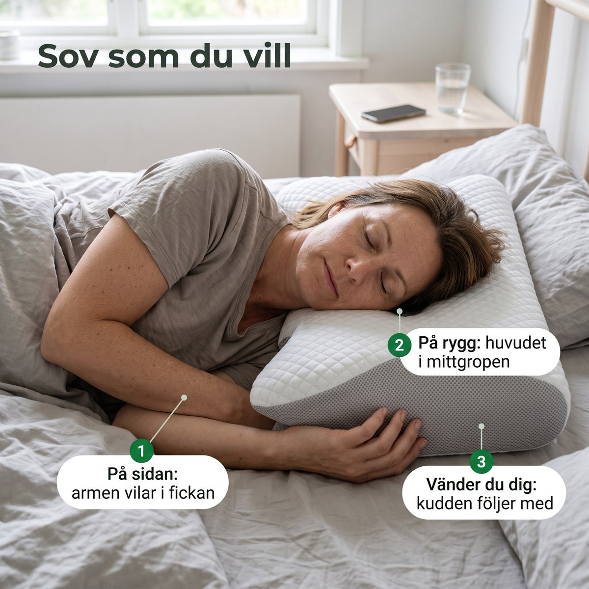 Sov på sidan, rygg eller vänd dig