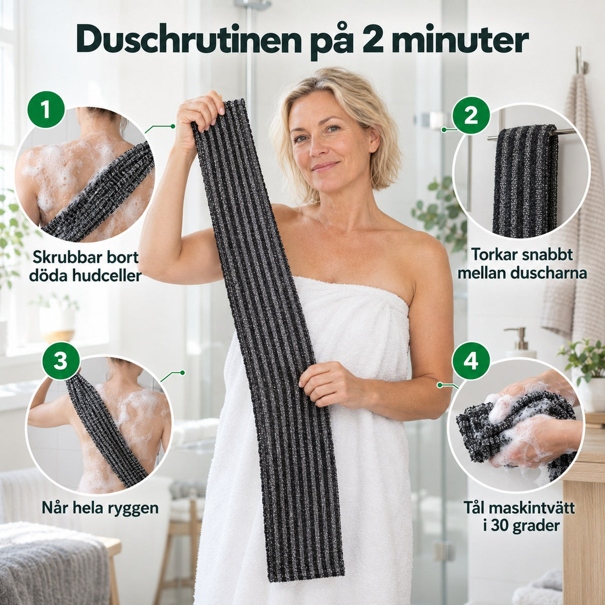 Kvinna i badrock håller den långa skrubbhandduken, fyra fördelar runt omkring
