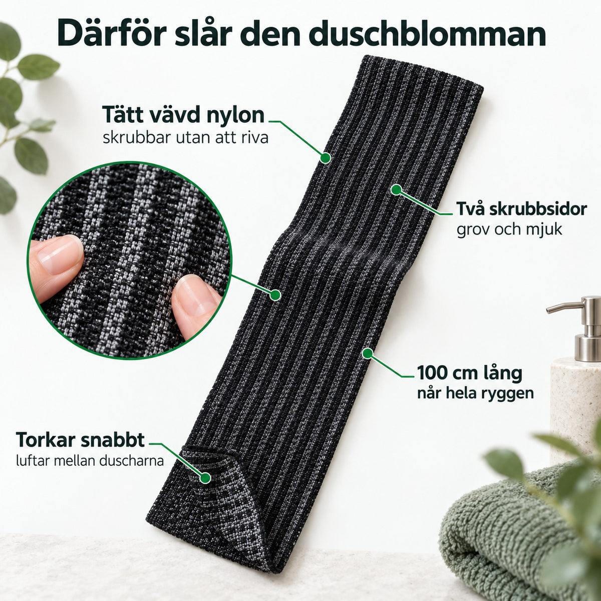 Skrubbhandduken med fyra förklarade egenskaper: väv, två sidor, längd och torktid