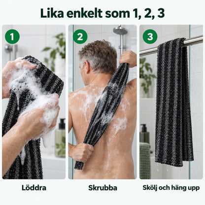 Tre steg: löddra handduken, skrubba ryggen, skölj och häng upp