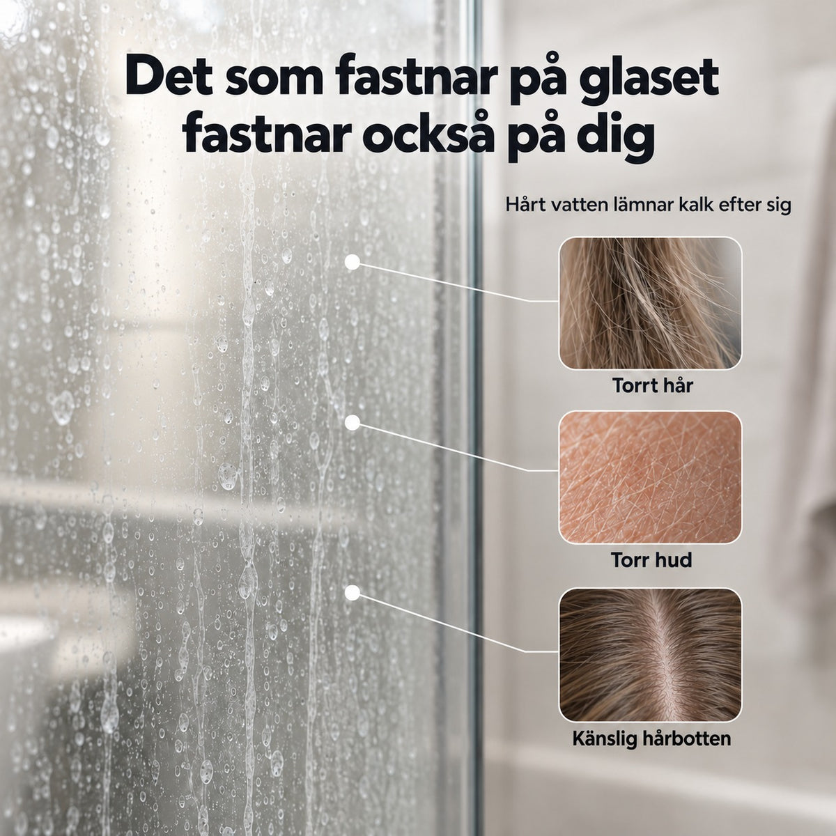Kalkfläckar på duschglas, hårt vatten lämnar kalk efter sig