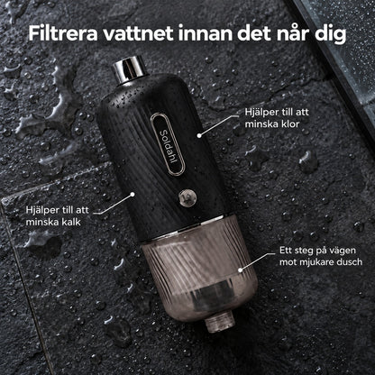 Soldahl duschfilter på blött skiffergolv, filtrera vattnet innan det når dig