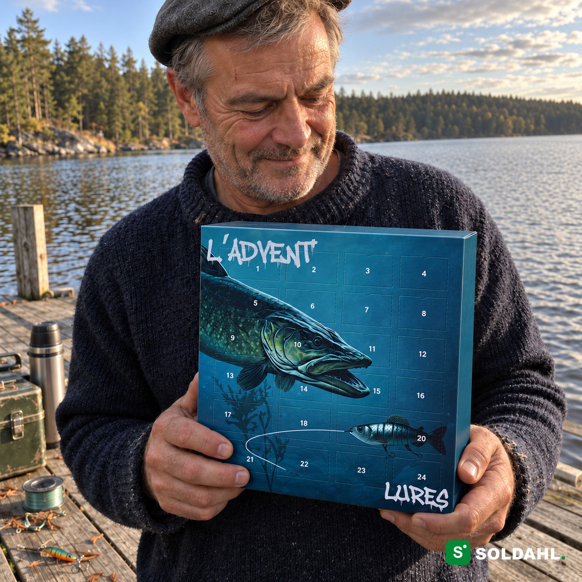 Man håller Fiskekalendern på en brygga