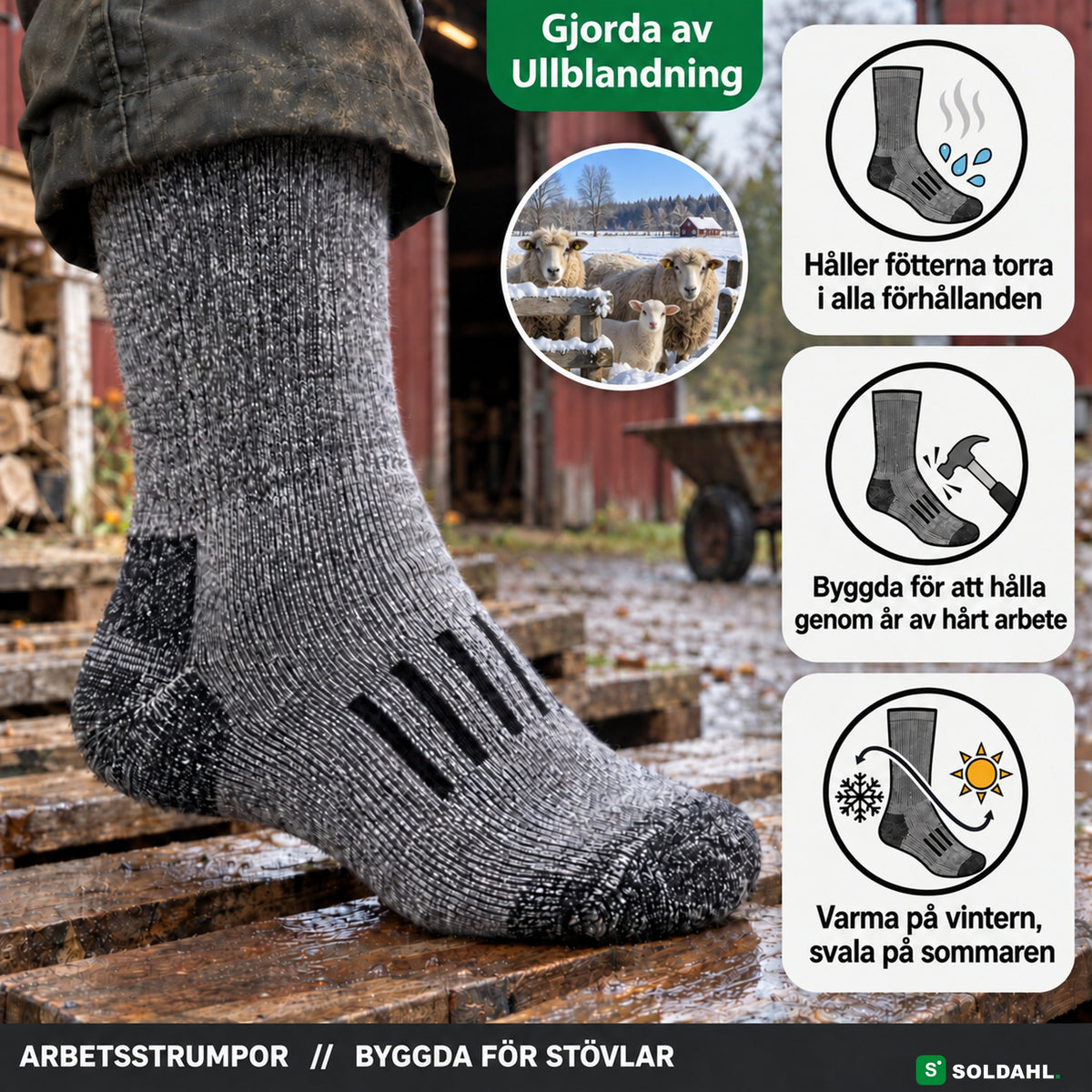 Grå ullblandade arbetsstrumpor med kuddad sula och högt skaft på en fot vid en lada, med märket Gjorda av ullblandning, får i snö och tre punkter om torra fötter, hårt arbete och året runt
