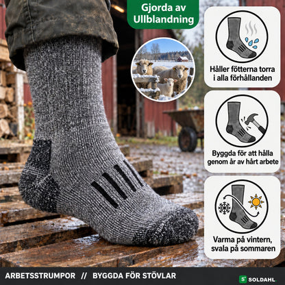 Grå ullblandade arbetsstrumpor med kuddad sula och högt skaft på en fot vid en lada, med märket Gjorda av ullblandning, får i snö och tre punkter om torra fötter, hårt arbete och året runt