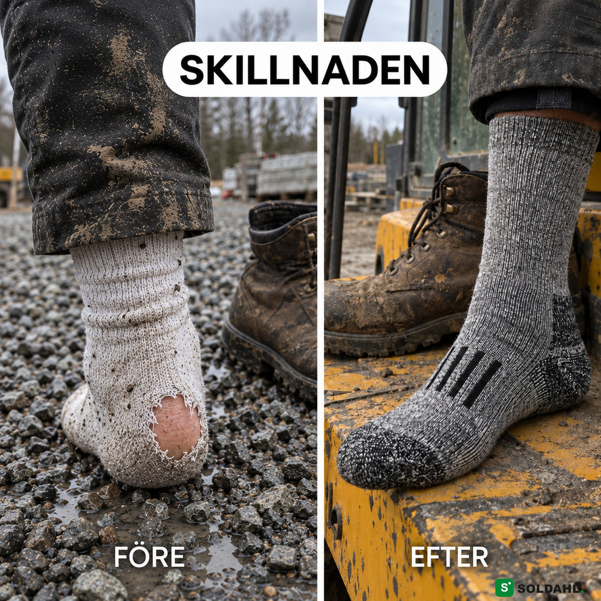 Före och efter, sliten bomullsstrumpa med hål i hälen mot hel arbetsstrumpa på en byggarbetsplats