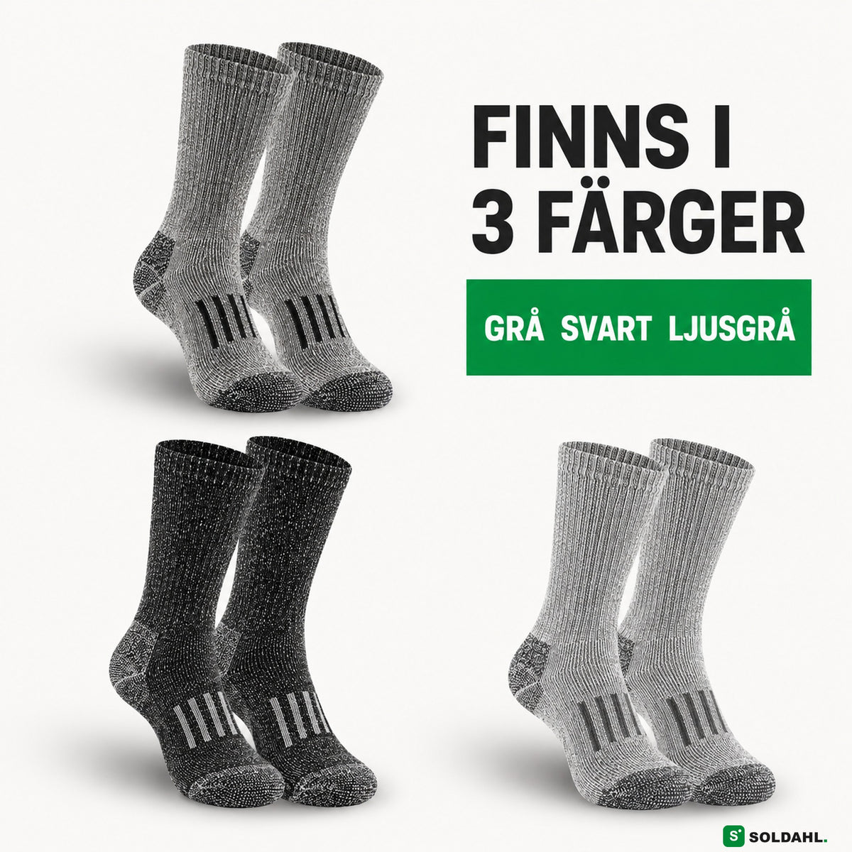 Arbetsstrumpor i tre färger: grå, svart och ljusgrå