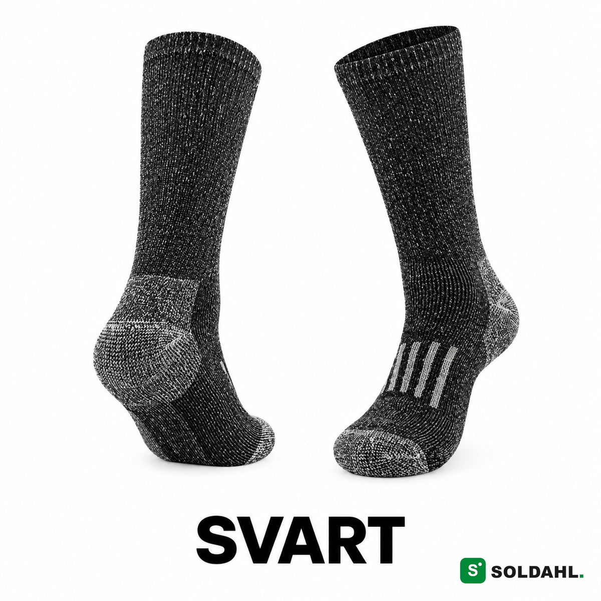 Arbetsstrumpa i färgen svart melange, sedd från sidan och bakifrån