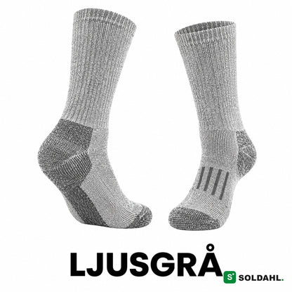Arbetsstrumpa i färgen ljusgrå melange, sedd från sidan och bakifrån