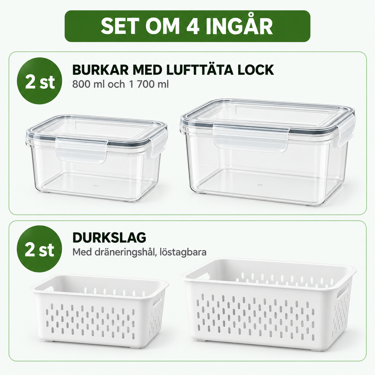 Set om 4 ingår: 2 burkar med lufttäta lock och 2 durkslag