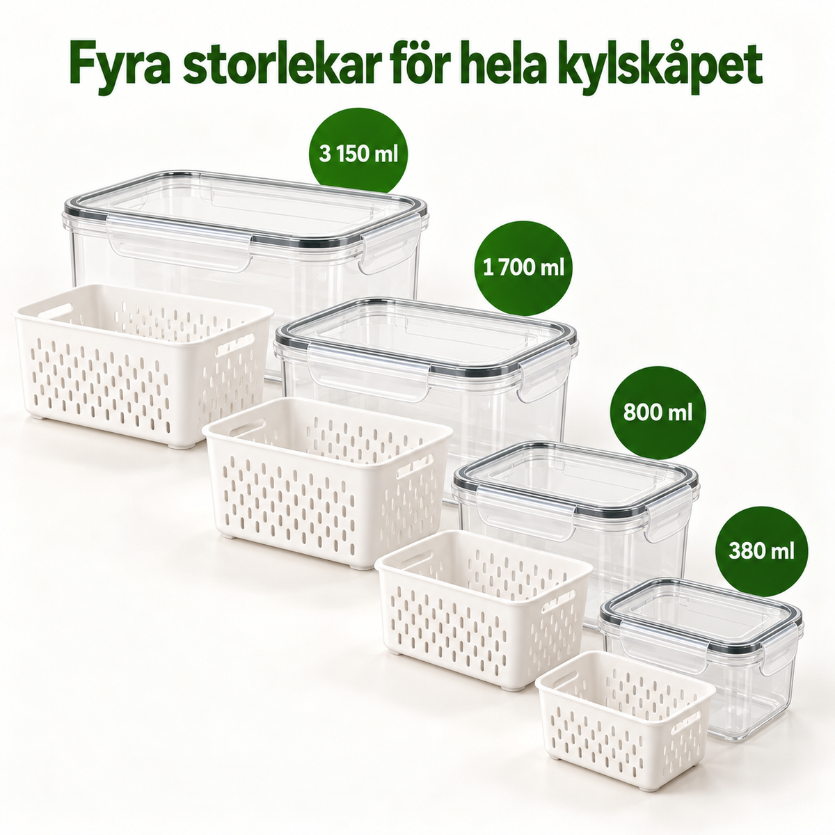 Burkar med durkslag i fyra storlekar: 380, 800, 1 700 och 3 150 ml (set om 8)
