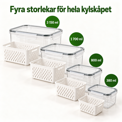 Burkar med durkslag i fyra storlekar: 380, 800, 1 700 och 3 150 ml (set om 8)