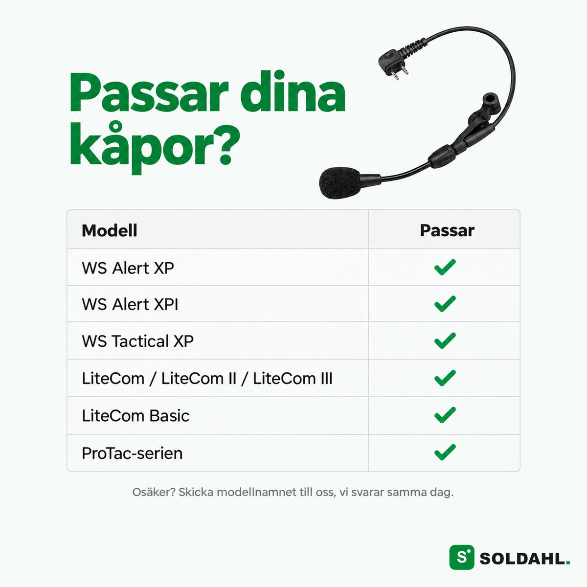 Tabell över vilka kåpor Hörro passar: WS Alert XP, XPI, Tactical XP, LiteCom och ProTac