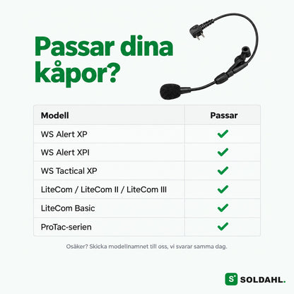Tabell över vilka kåpor Hörro passar: WS Alert XP, XPI, Tactical XP, LiteCom och ProTac