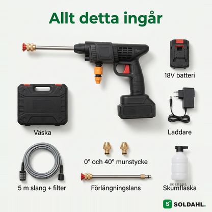 Allt som ingår: tryckspruta, batteri, laddare, väska, slang med filter, munstycken, lans och skumflaska