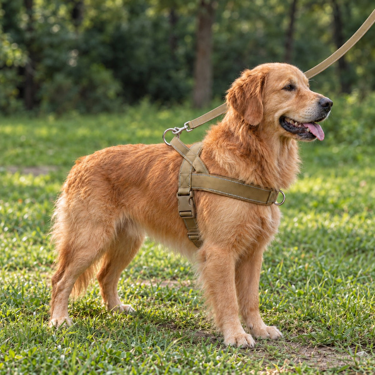 Golden retriever på gräsmatta i khakifärgad Gångro antidragsele