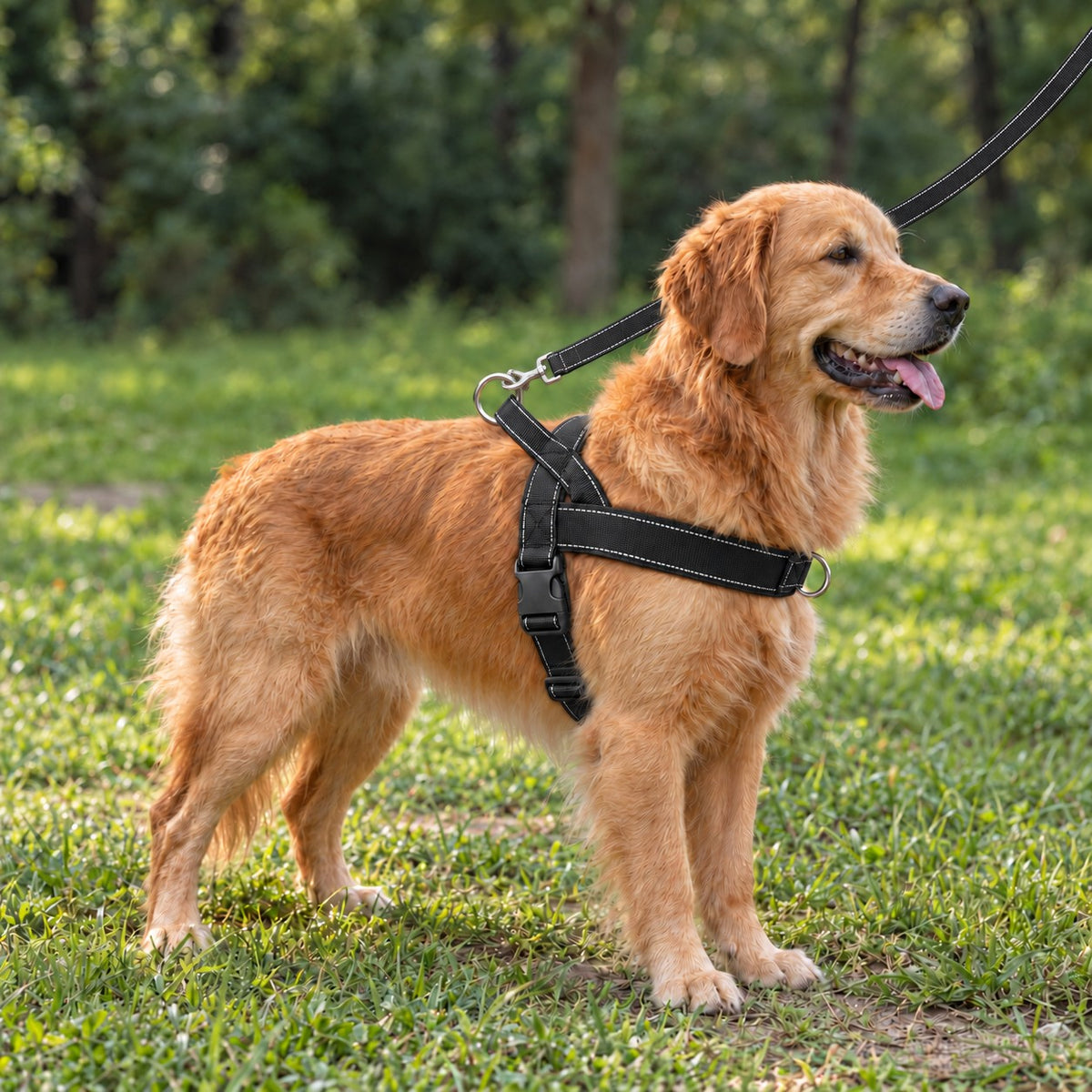 Golden retriever på gräsmatta i svart Gångro antidragsele med koppel