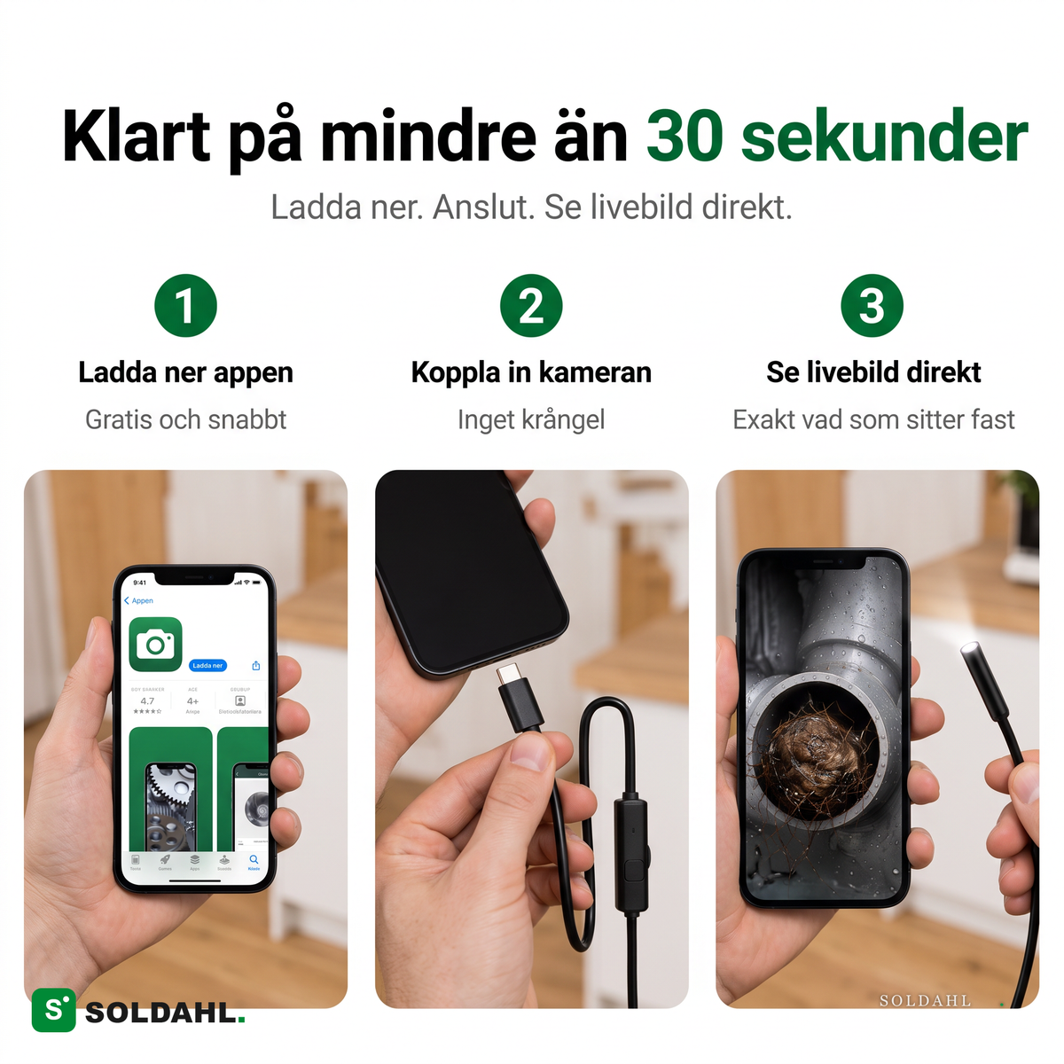 Klart på under 30 sekunder, ladda ner appen, koppla in kameran