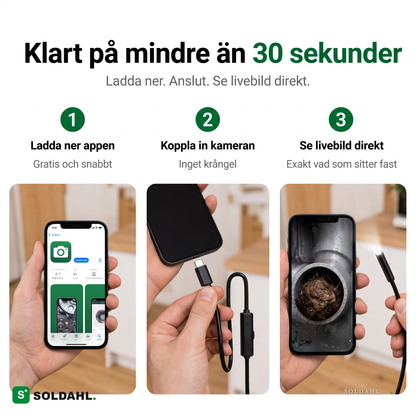 Klart på under 30 sekunder, ladda ner appen, koppla in kameran