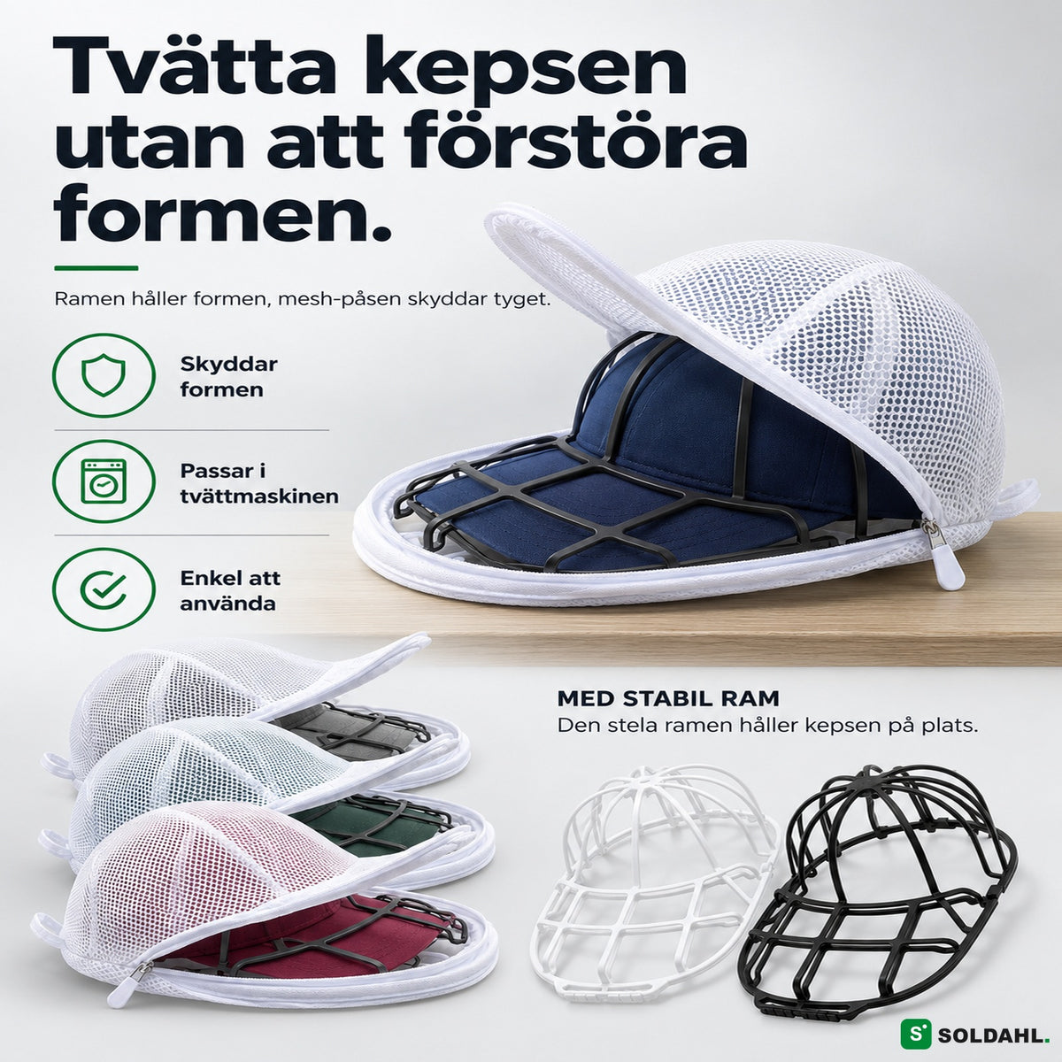 Kepsform tvättram med marinblå keps i mesh-påse, tvätta kepsen utan att förstöra formen