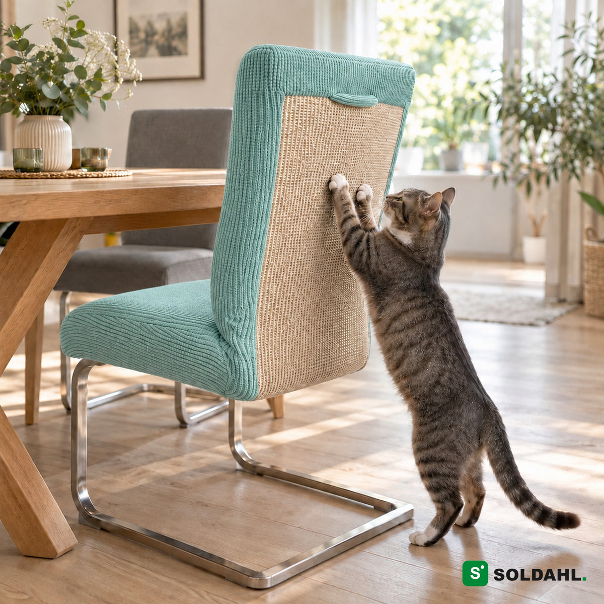 Mintgrönt stolsöverdrag med sisal-klösyta på matstol, katt klöser