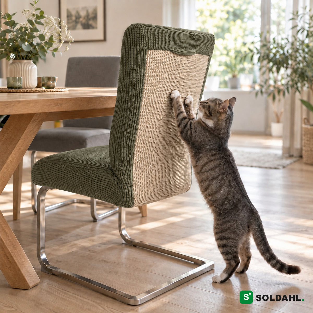 Olivgrönt stolsöverdrag med sisal-klösyta på matstol, katt klöser