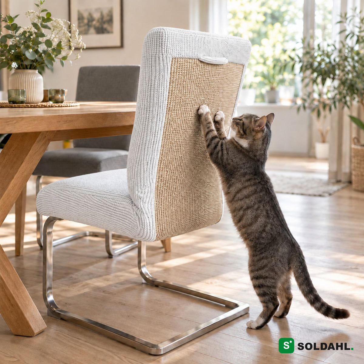 Vitt stolsöverdrag med sisal-klösyta på matstol, katt klöser