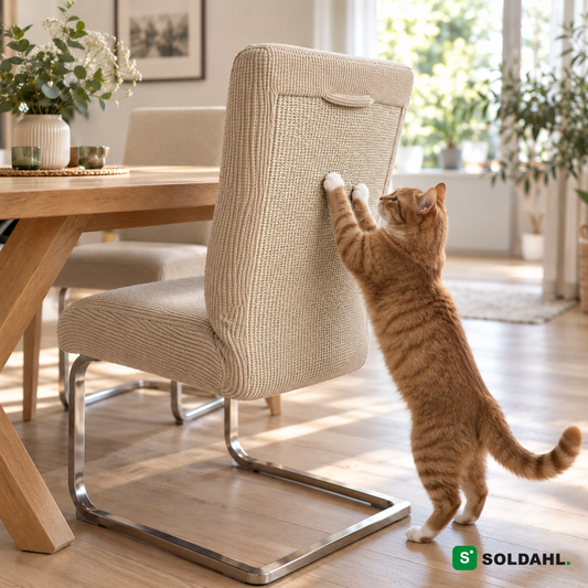 Beige stolsöverdrag med sisal, katt klöser på ryggen