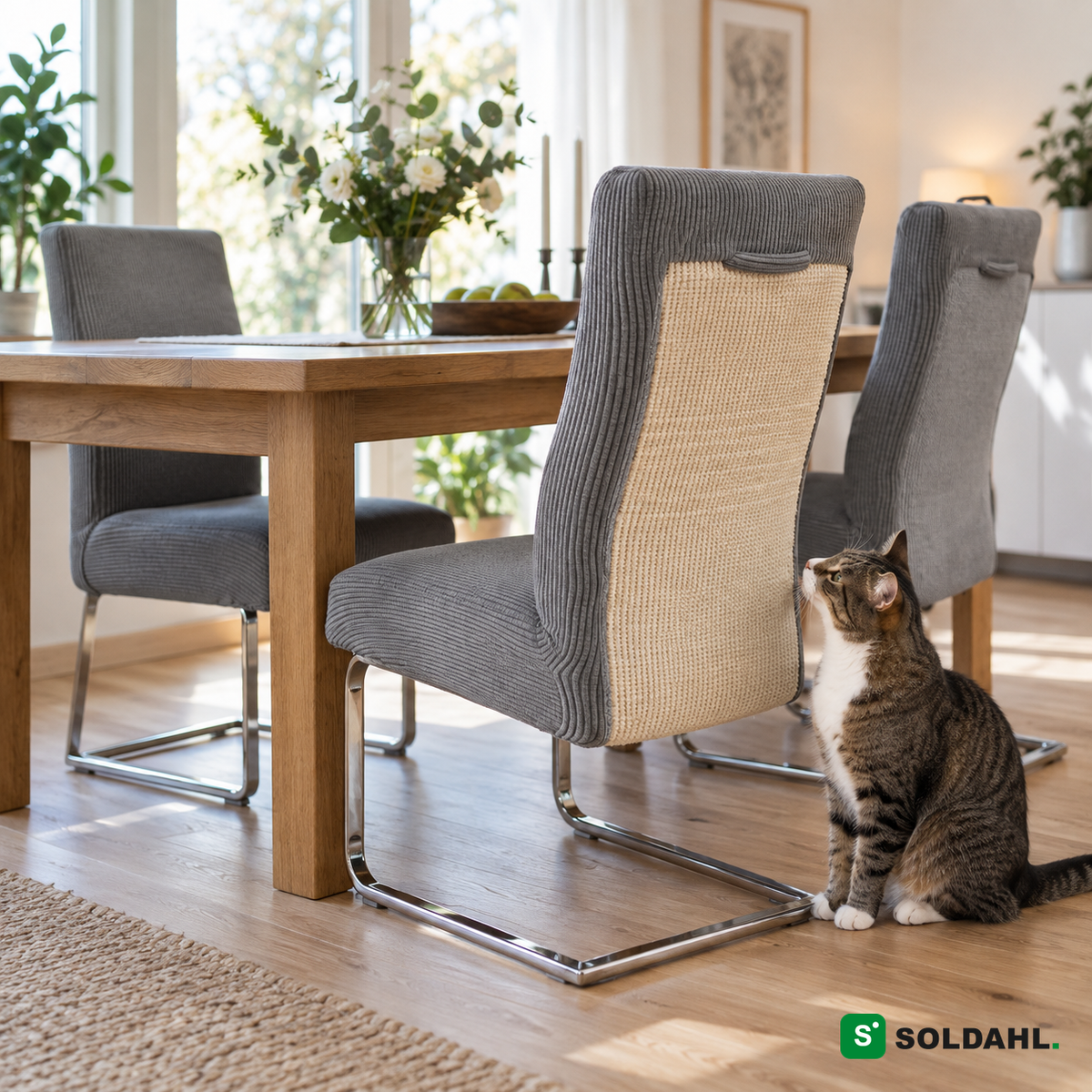 Matsal med tre grå stolsöverdrag med sisal-klösyta, katt tittar på ryggen