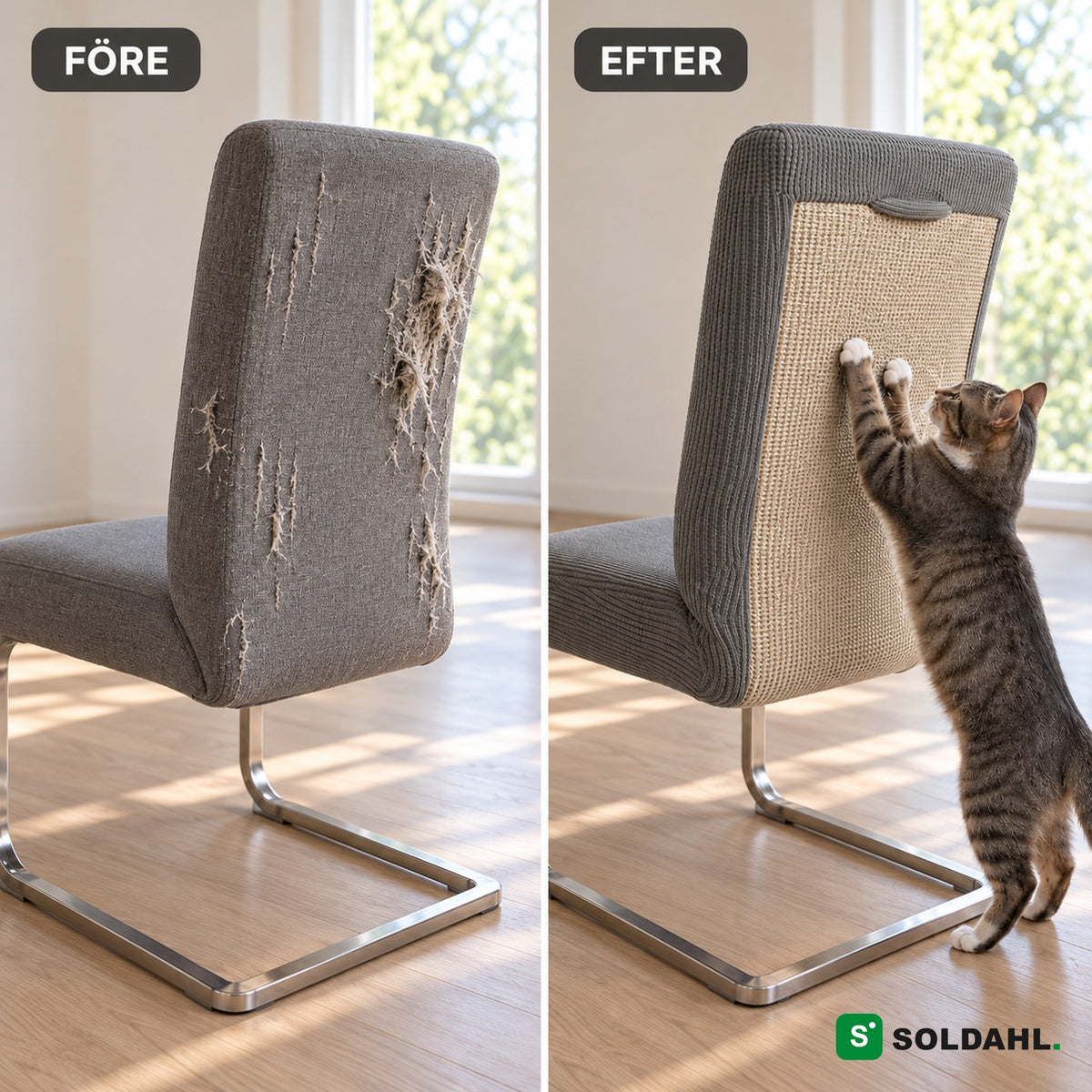 Före och efter, sönderklöst stolsryggstöd mot samma stol med Klöra och en katt som klöser sisalen