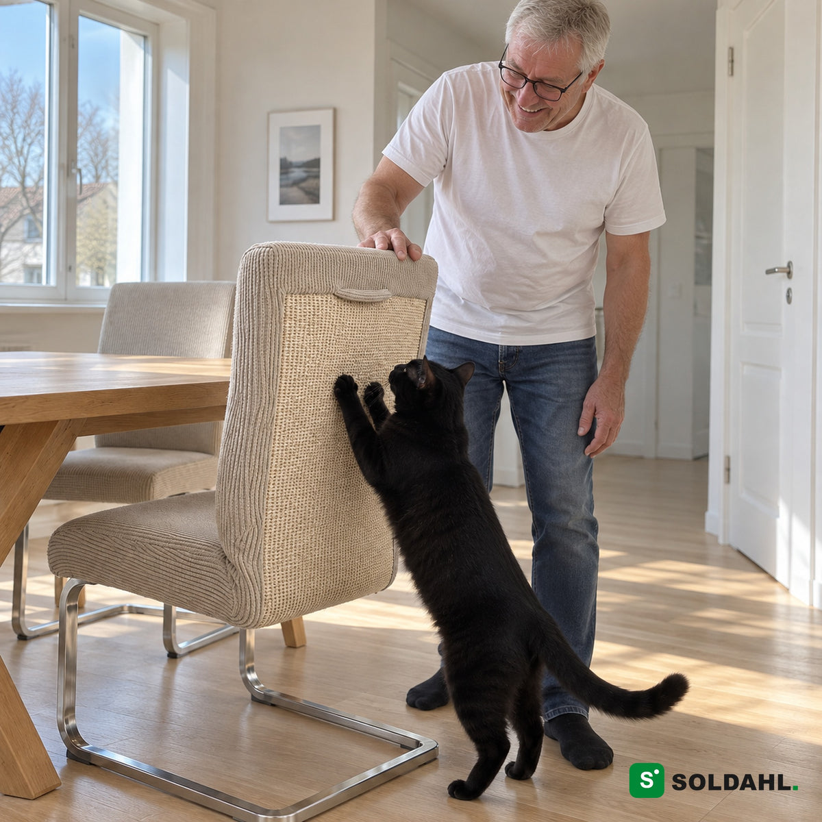 Man skrattar medan en svart katt klöser sisalen på beige stolsöverdrag Klöra